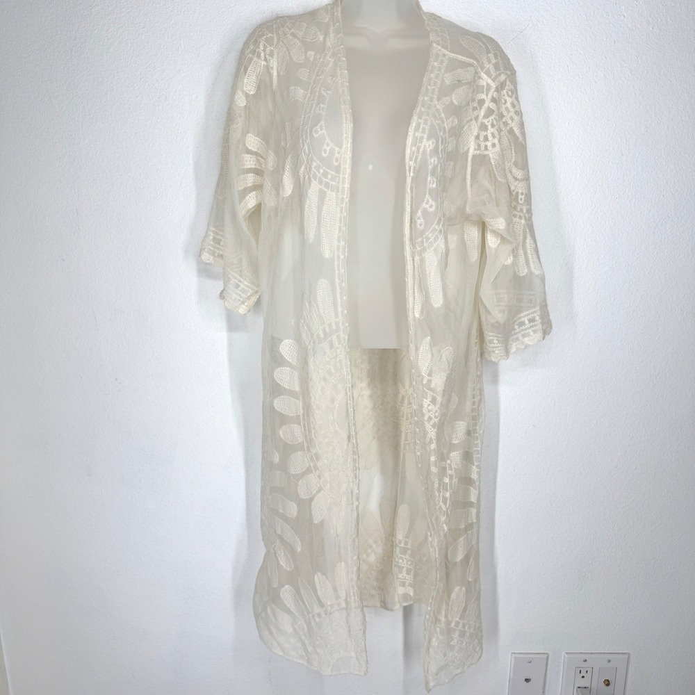 Rebellion Women Ivory Sheer Cotton Lace Kimono Duster Floral Embroidered Small